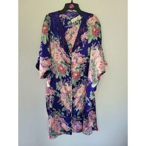 Solange Purple Floral Satin Lace Trim Kimono Robe Plus 18/20 Vintage Style #20